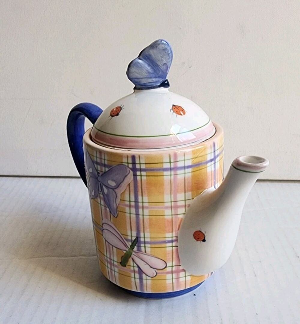 Teapot For One Butterfly Lady Bug Dragonfly Hand Painted Farmhouse Cottagecore